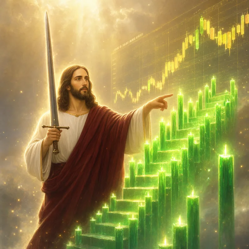 Jesus with a sword pointing at a staircase of green candles