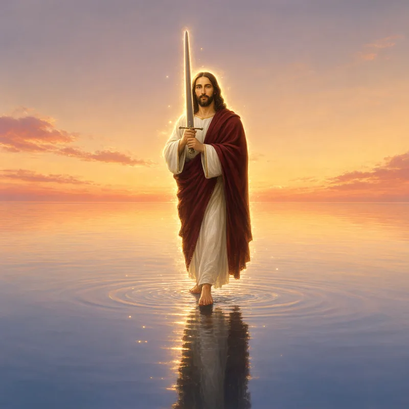 Jesus walking on water holding a sword