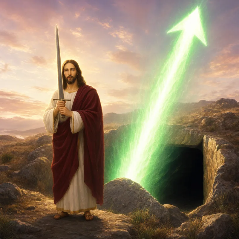 A green arrow bursting out of the tomb
