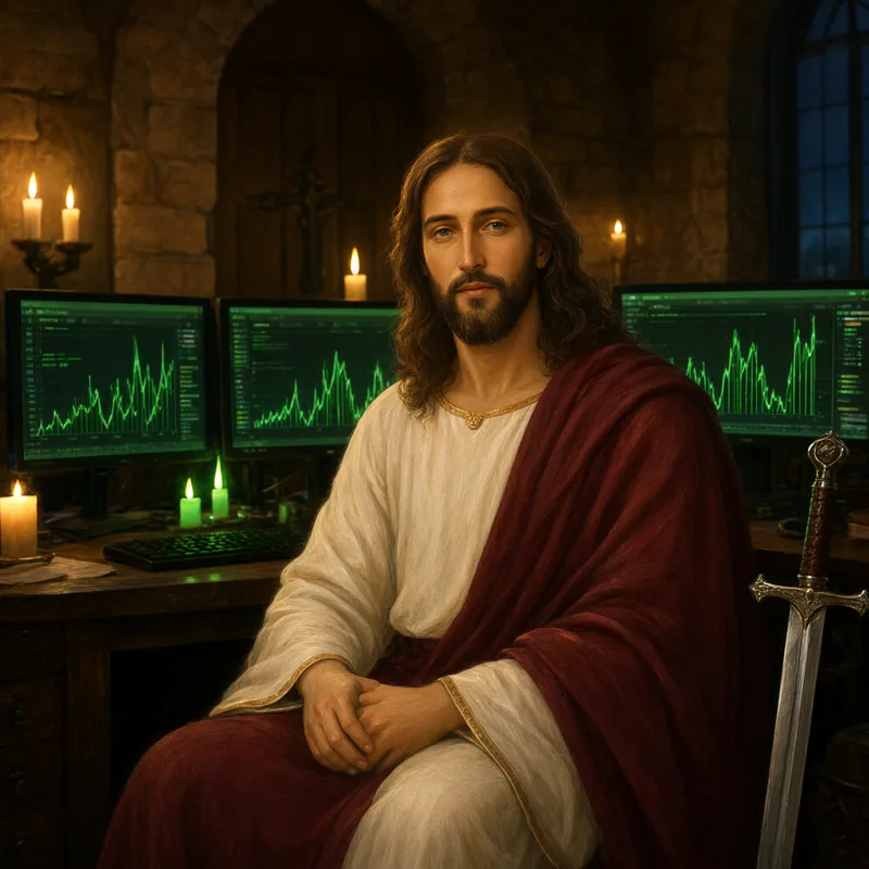 Jesus at a trading desk with green charts